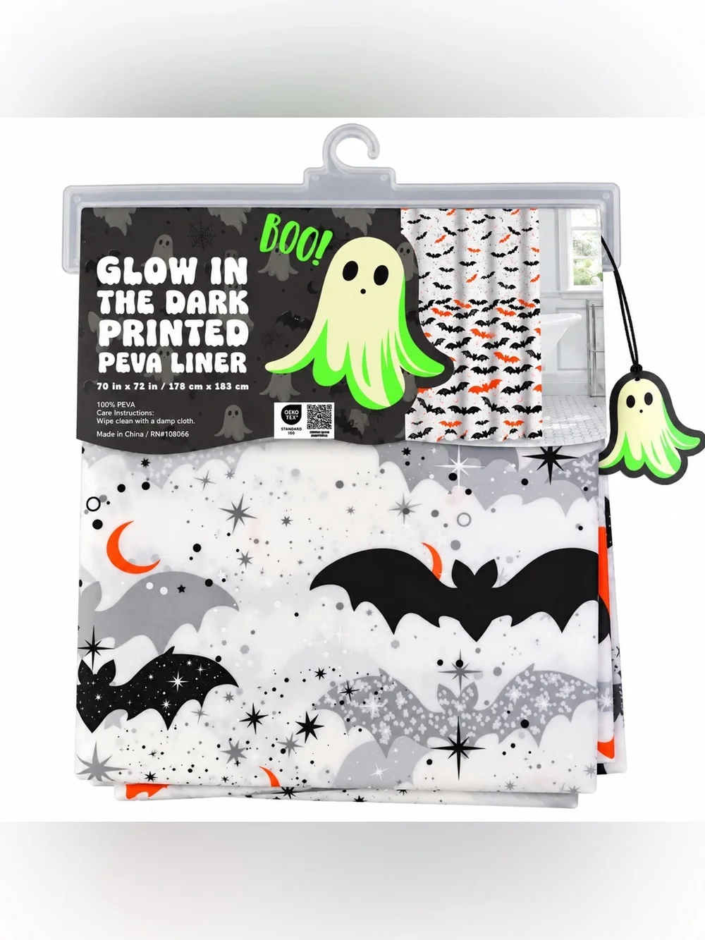 Halloween Glow in the Dark Bat PEVA Shower Curtain Liner 70x72 NWT